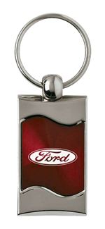 Premium Chrome Spun Wave Burgundy Ford Oval Genuine Logo Key Chain Fob Ring