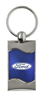 Premium Chrome Spun Wave Blue Ford Oval Genuine Logo Key Chain Fob Ring