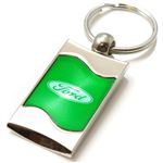 Premium Chrome Spun Wave Green Ford Oval Genuine Logo Key Chain Fob Ring