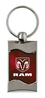 Premium Chrome Spun Wave Burgundy Dodge Ram Word Genuine Logo Key Chain Fob Ring