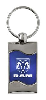 Premium Chrome Spun Wave Blue Dodge Ram Word Genuine Logo Key Chain Fob Ring