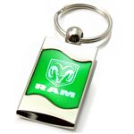 Premium Chrome Spun Wave Green Dodge Ram Word Genuine Logo Key Chain Fob Ring