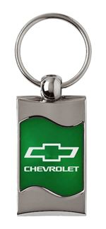 Premium Chrome Spun Wave Green Chevrolet Bowtie Genuine Logo Key Chain Fob Ring