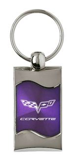 Premium Chrome Spun Wave Purple Chevy Corvette C6 Genuine Logo Key Chain Ring