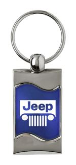 Premium Chrome Spun Wave Blue Jeep Grille Genuine Logo Key Chain Fob Ring
