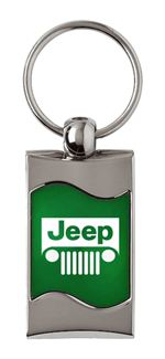 Premium Chrome Spun Wave Green Jeep Grille Genuine Logo Key Chain Fob Ring