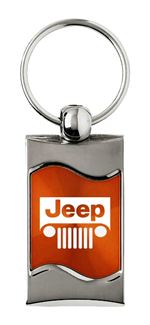 Premium Chrome Spun Wave Orange Jeep Grille Genuine Logo Key Chain Fob Ring