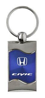 Premium Chrome Spun Wave Blue Honda Civic Genuine Logo Key Chain Fob Ring
