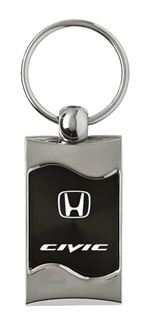 Premium Chrome Spun Wave Black Honda Civic Genuine Logo Key Chain Fob Ring