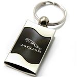 Premium Chrome Spun Wave Black Jaguar Logo Key Chain Fob Ring