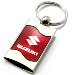 Premium Chrome Spun Wave Red Suzuki Logo Key Chain Fob Ring