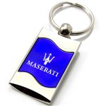 Premium Chrome Spun Wave Blue Maserati Logo Key Chain Fob Ring
