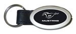Genuine Black Leather Oval Silver Ford Mustang Logo Key Chain Fob Ring