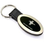 Genuine Black Leather Oval Silver Ford Mustang Logo Key Chain Fob Ring