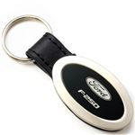 Genuine Black Leather Oval Silver Ford F250 Logo Key Chain Fob Ring