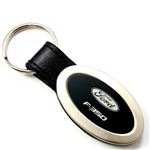 Genuine Black Leather Oval Silver Ford F350 Logo Key Chain Fob Ring