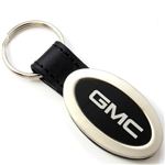 Genuine Black Leather Oval Silver GMC Logo Key Chain Fob Ring