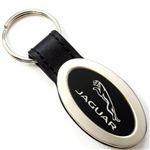 Genuine Black Leather Oval Silver Jaguar Logo Key Chain Fob Ring