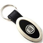 Genuine Black Leather Oval Silver Fiat Logo Key Chain Fob Ring