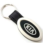 Genuine Black Leather Oval Silver Kia Logo Key Chain Fob Ring