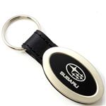 Genuine Black Leather Oval Silver Subaru Logo Key Chain Fob Ring