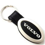 Genuine Black Leather Oval Silver Volvo Logo Key Chain Fob Ring