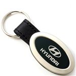 Genuine Black Leather Oval Silver Hyundai Logo Key Chain Fob Ring