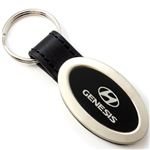 Genuine Black Leather Oval Silver Hyundai Genesis Logo Key Chain Fob Ring