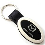 Genuine Black Leather Oval Silver Mazda Zoom-Zoom Logo Key Chain Fob Ring