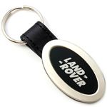 Genuine Black Leather Oval Silver Land Rover Logo Key Chain Fob Ring
