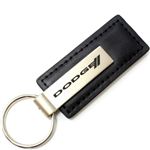 Genuine Black Leather Rectangular Silver Dodge Stripes Logo Key Chain Fob Ring