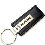 Genuine Black Leather Rectangular Silver Dodge Ram Logo Key Chain Fob Ring