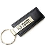 Genuine Black Leather Rectangular Silver Dodge Ram 1500 Logo Key Chain Fob Ring