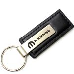 Genuine Black Leather Rectangular Silver Mopar Logo Key Chain Fob Ring