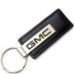 Genuine Black Leather Rectangular Silver GMC Logo Key Chain Fob Ring