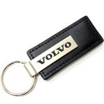 Genuine Black Leather Rectangular Silver Volvo Logo Key Chain Fob Ring