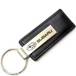 Genuine Black Leather Rectangular Silver Subaru Logo Key Chain Fob Ring
