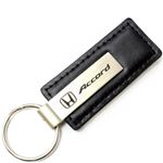 Genuine Black Leather Rectangular Silver Honda Accord Logo Key Chain Fob Ring