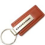 Genuine Brown Leather Rectangular Silver Dodge Logo Key Chain Fob Ring