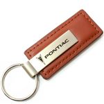 Genuine Brown Leather Rectangular Silver Pontiac Logo Key Chain Fob Ring