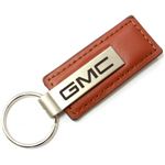 Genuine Brown Leather Rectangular Silver GMC Logo Key Chain Fob Ring