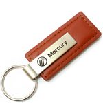 Genuine Brown Leather Rectangular Silver Mercury Logo Key Chain Fob Ring