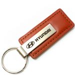 Genuine Brown Leather Rectangular Silver Hyundai Logo Key Chain Fob Ring