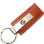 Genuine Brown Leather Rectangular Silver Nissan Z Logo Key Chain Fob Ring