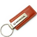 Genuine Brown Leather Rectangular Silver Honda Logo Key Chain Fob Ring