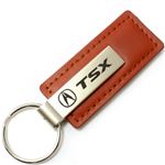 Genuine Brown Leather Rectangular Silver Acura TSX Logo Key Chain Fob Ring