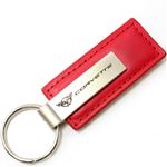 Genuine Red Leather Rectangular Silver Chevy Corvette C5 Logo Key Chain Fob Ring