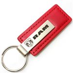 Genuine Red Leather Rectangular Silver Dodge Ram Logo Key Chain Fob Ring
