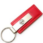 Genuine Red Leather Rectangular Silver Nissan Logo Key Chain Fob Ring