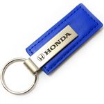 Genuine Blue Leather Rectangular Silver Honda Logo Key Chain Fob Ring